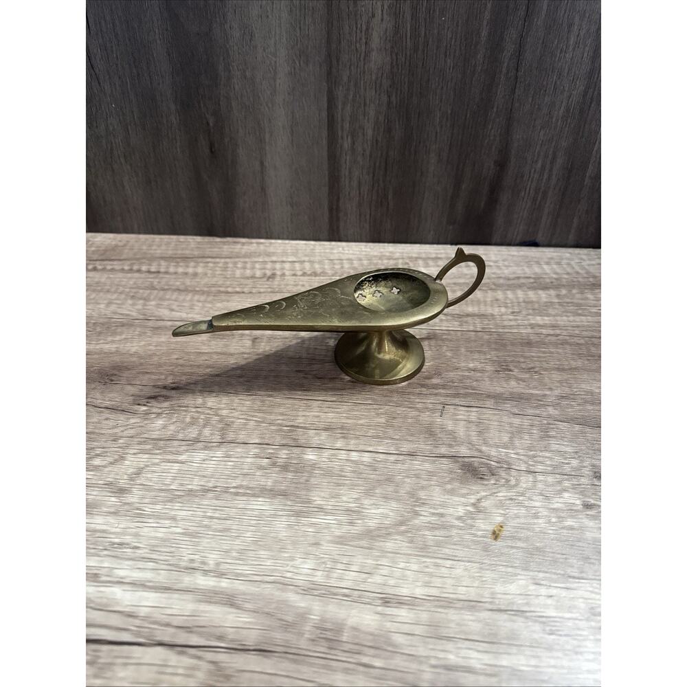 Vintage Brass Genie Lamp Incense Burner Etched Aladdin Style India Pedestal